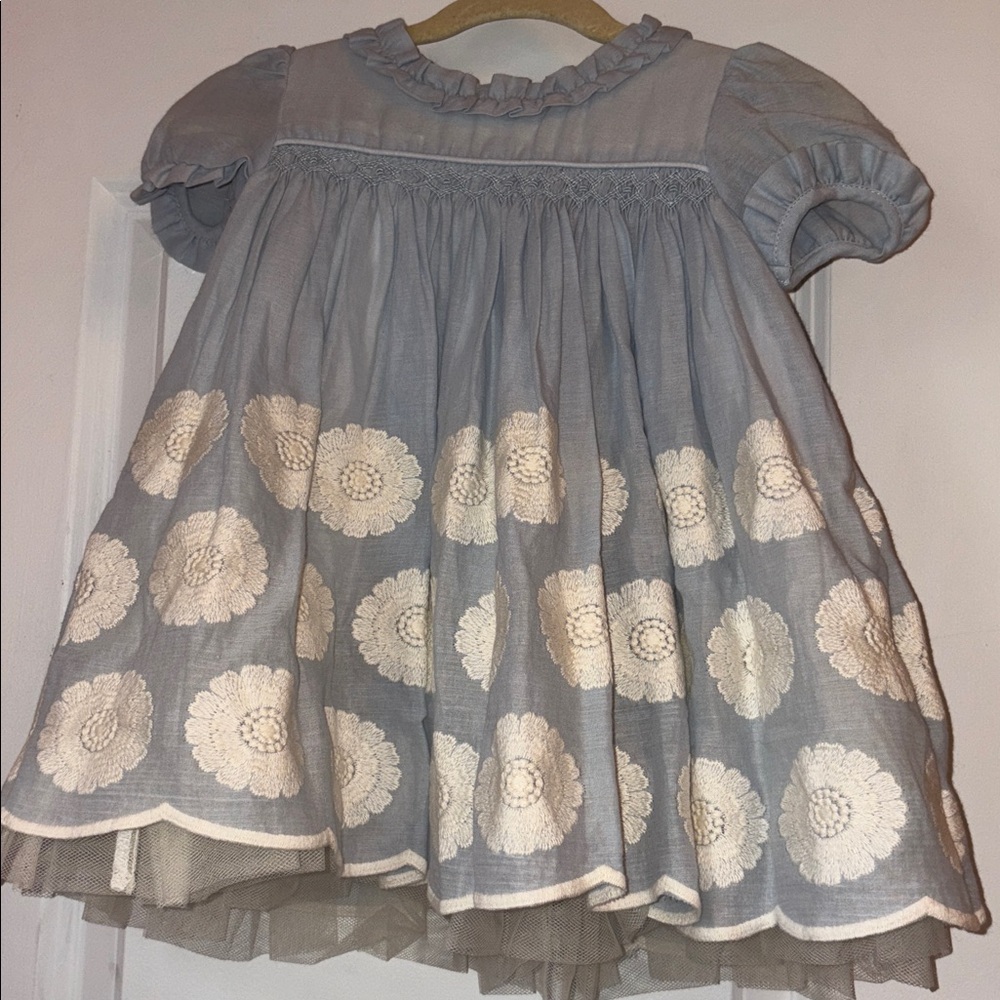 Bella Bliss Blue Linen Dress with White Floral Embroidery